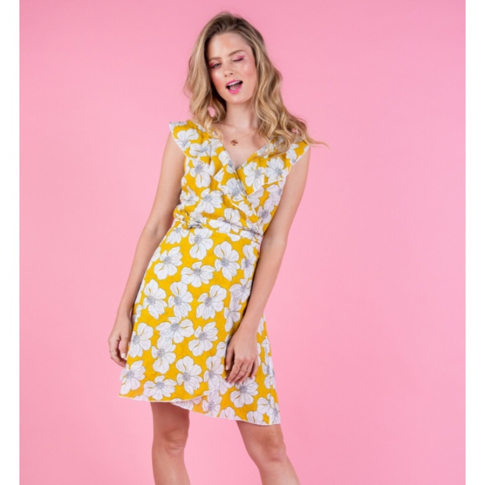 Yellow floral wrap dress